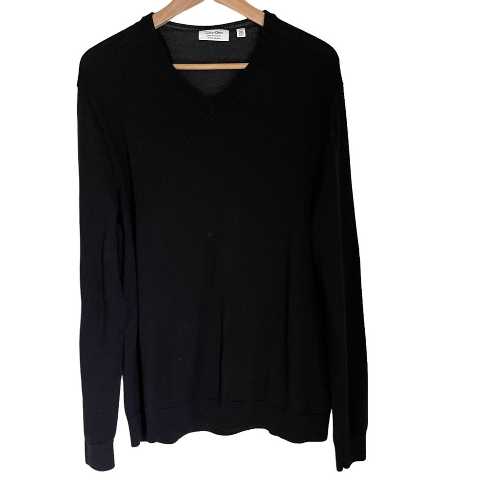 CK Calvin Klein 100% Merino Wool V-neck Black Pullover Sweater‎ Size: L - Picture 4 of 6